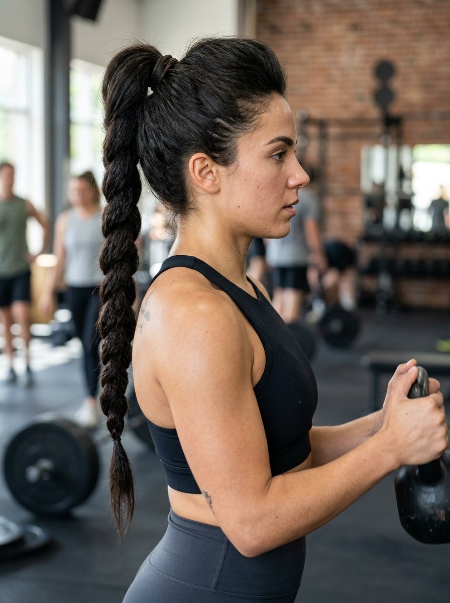 Side profile of a woman with long dark hair in a thick braid training with a black kettlebell at the gym.