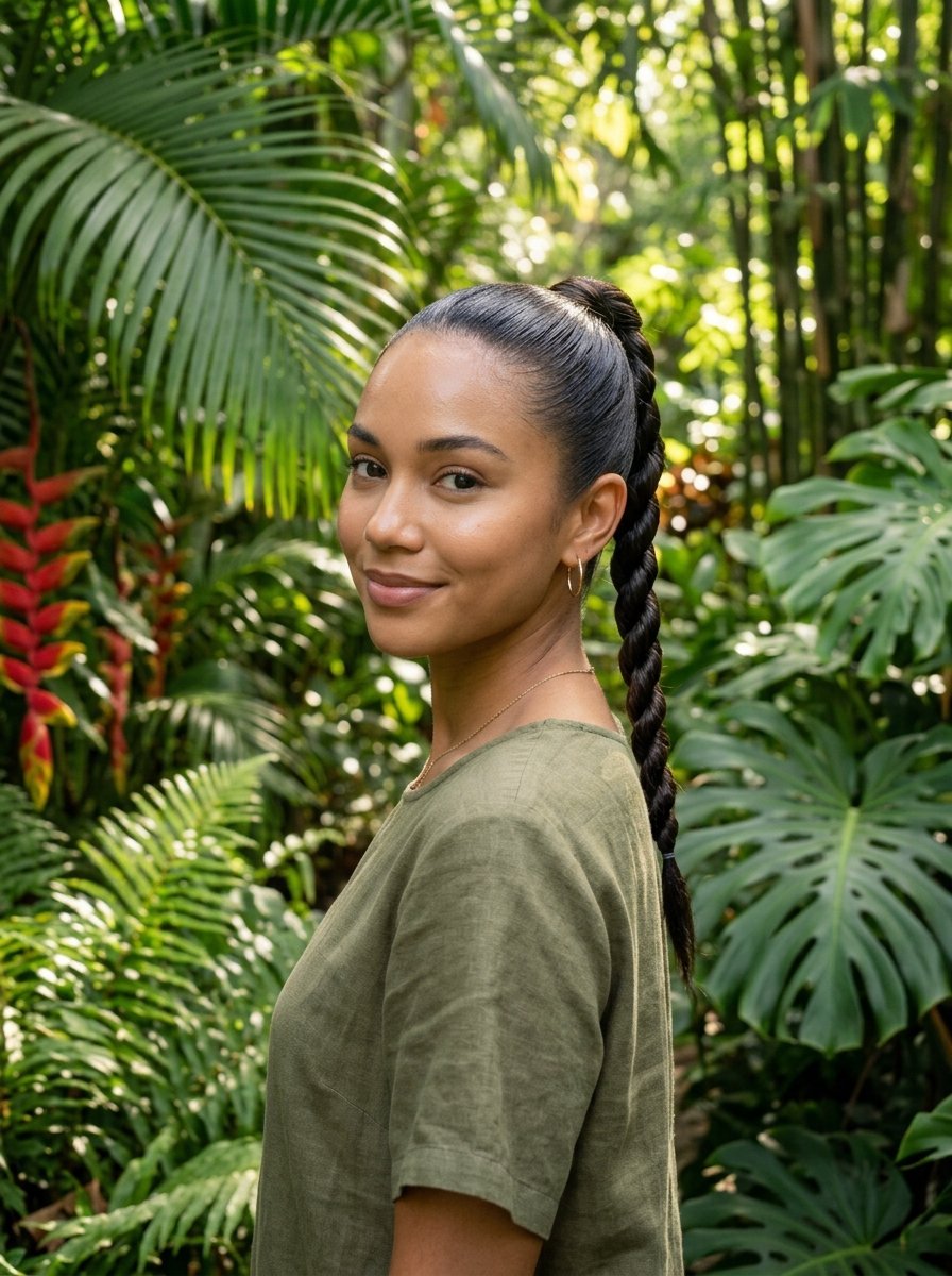 Portrait of a woman with braided hair wearing an olive shirt against a background of lush tropical jungle foliage.