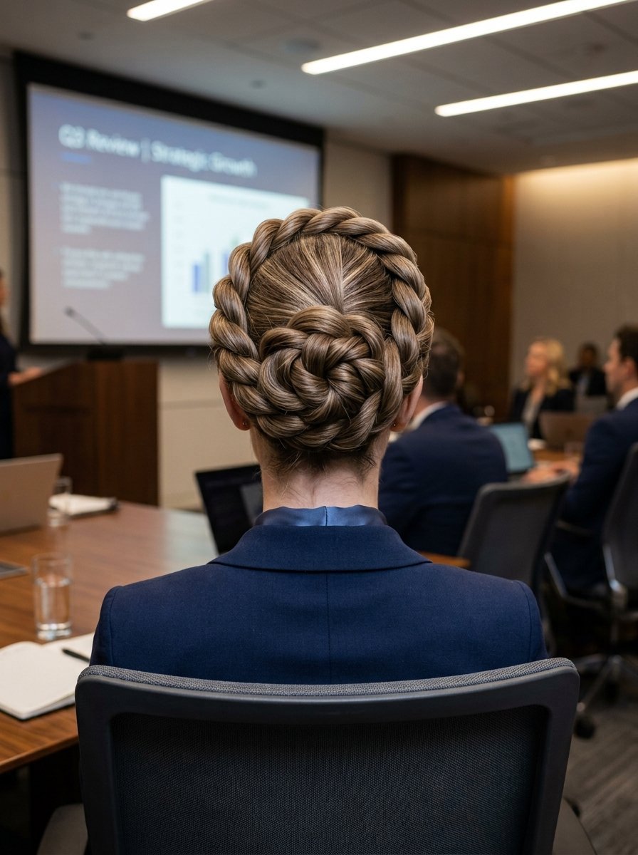 A back view of a woman with a complex braided updo hairstyle wearing a navy blazer in a boardroom setting.