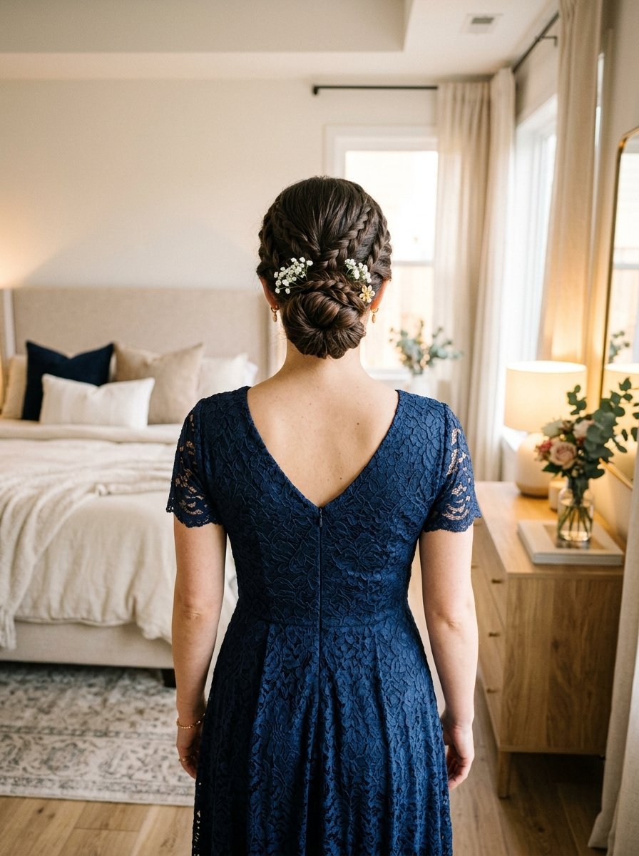 Back view of a woman with braided dark hair and baby's breath flowers wearing a formal navy blue lace dress.