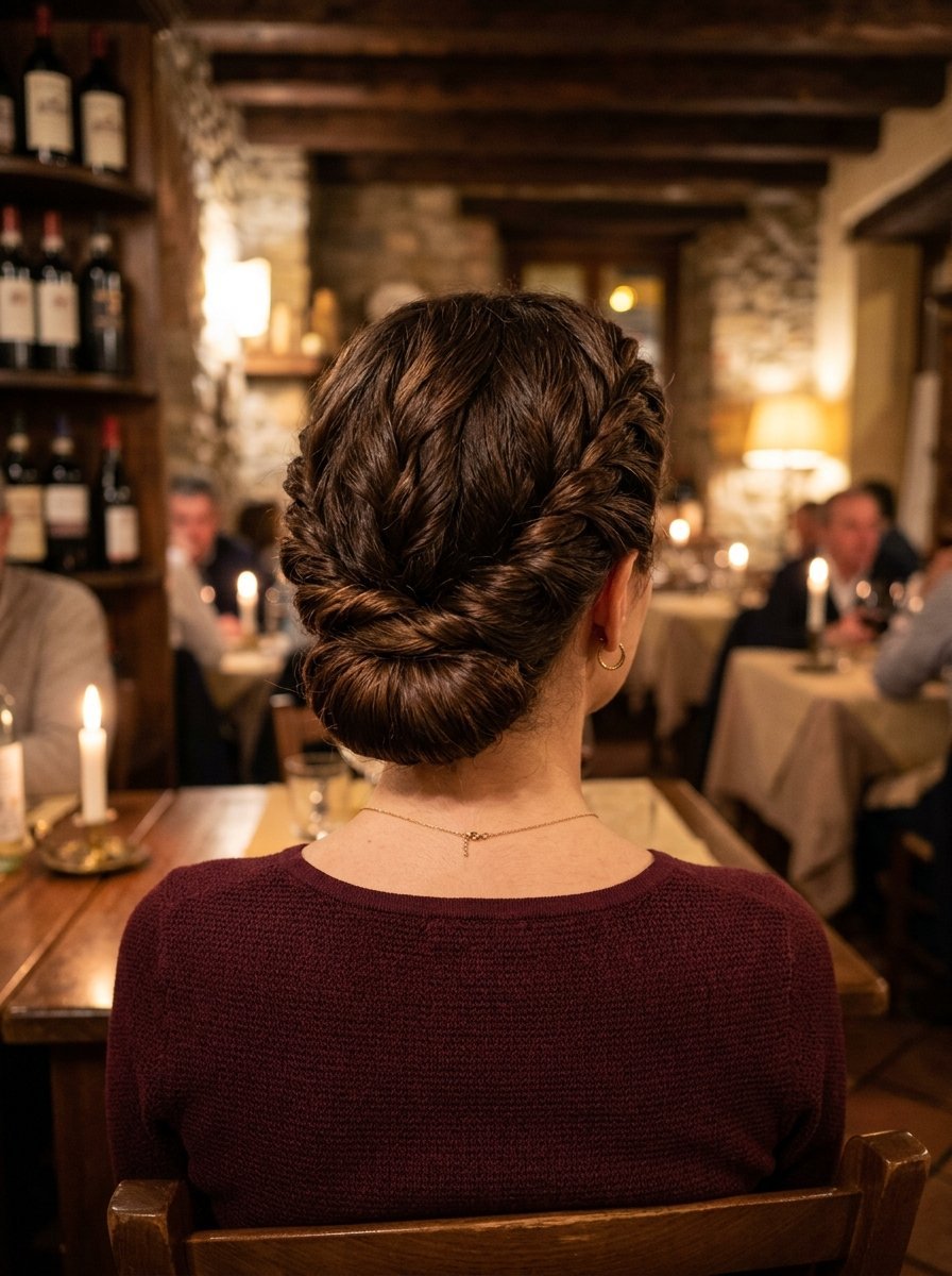 Close-up back view of a woman with a styled braided low bun at a dimly lit dining table.