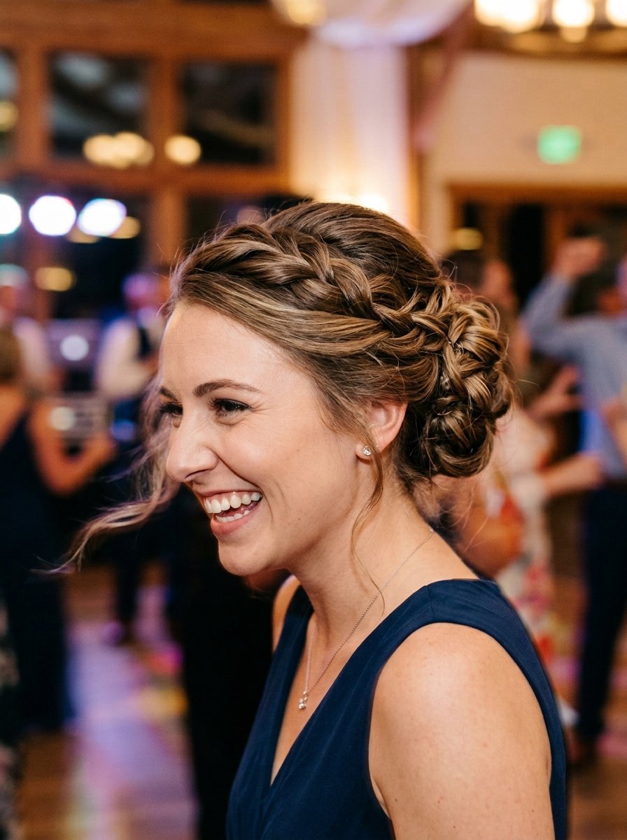 Close-up profile of a laughing woman wearing a blue dress and intricate braided wedding hairstyle.