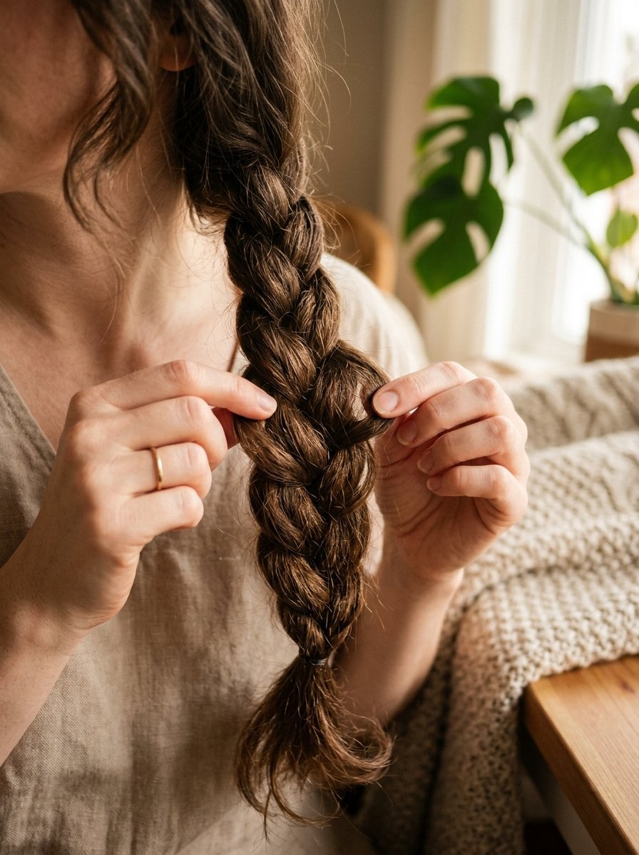 Close up of hands braiding long wavy brown hair with a golden ring on one finger