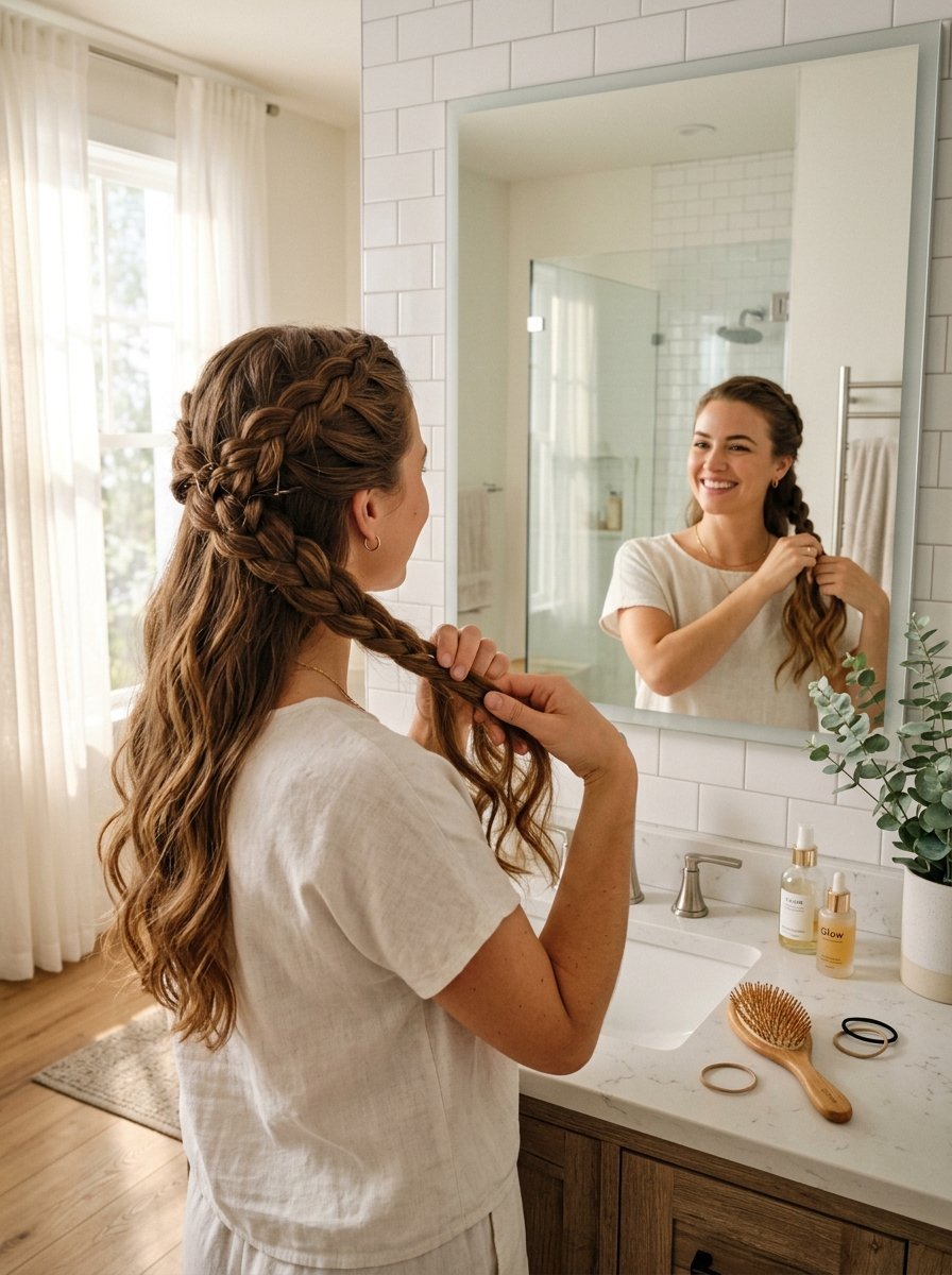 A woman looks in a mirror while styling her hair into a braided half-updo.