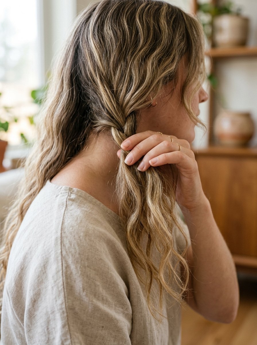 Close-up of a person with wavy blonde hair styling a side braid, wearing a linen top and gold rings.