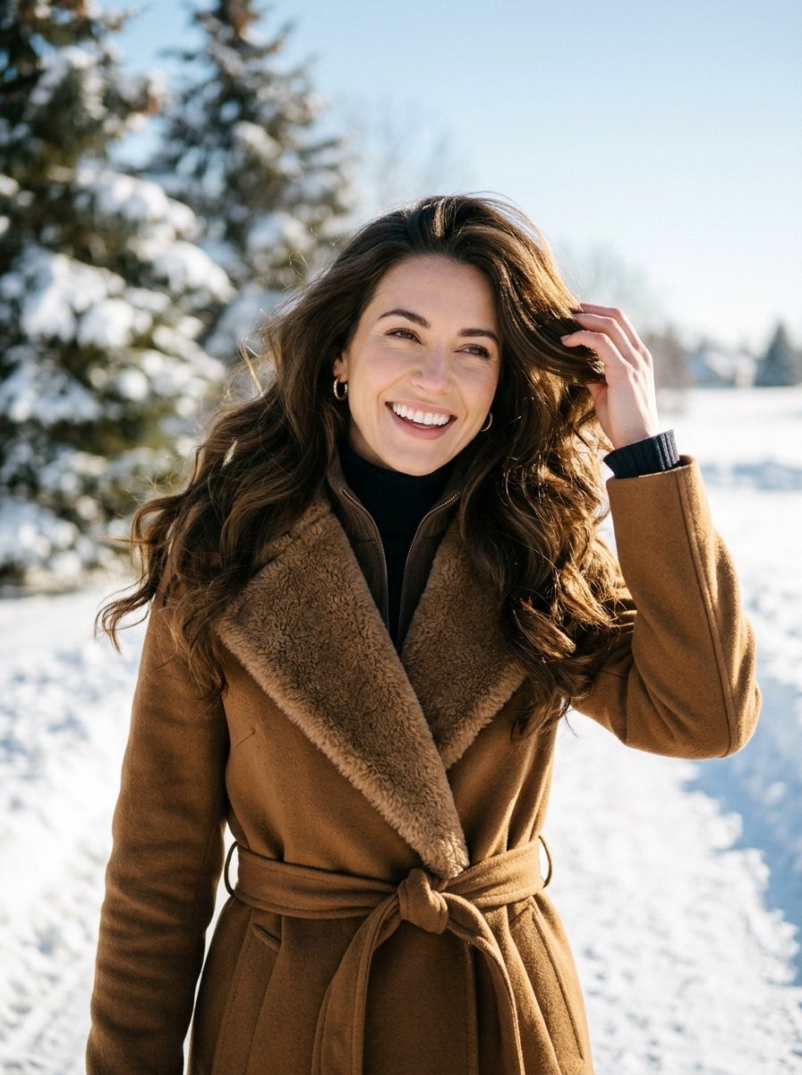 Portrait of a joyful woman wearing a faux shearling belted coat in a snowy park.