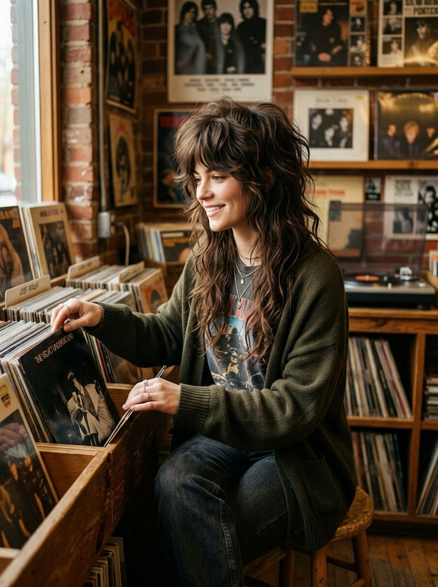 Smiling girl with long wavy brown hair wearing a green cardigan looking through record store vinyl albums.