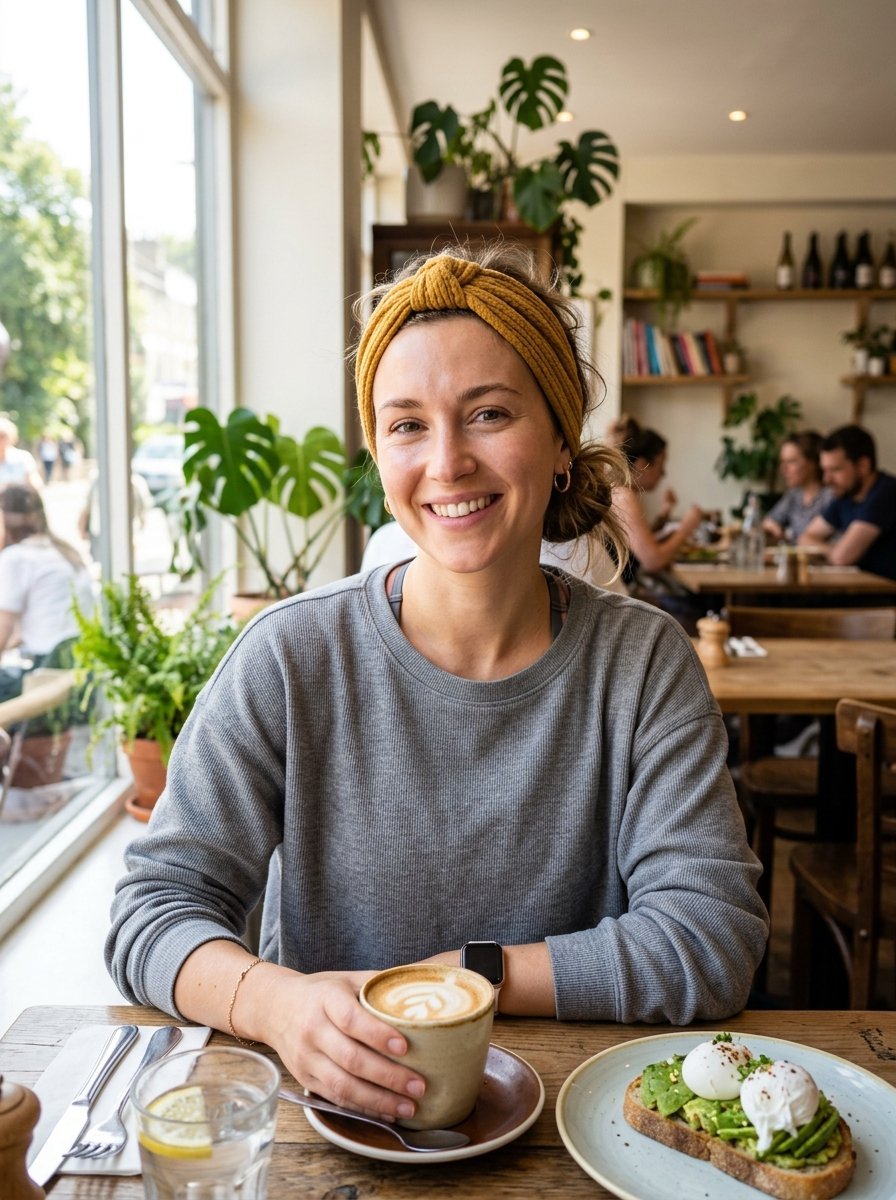 Young woman wearing a mustard headband smiles while holding a cappuccino at a wooden restaurant table.