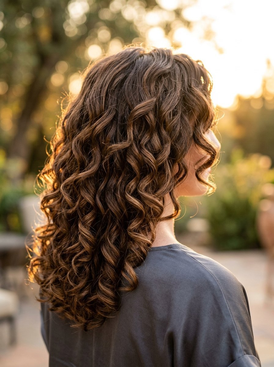 Side view of a person with voluminous brown curls backlit by warm sunset light in an outdoor setting.