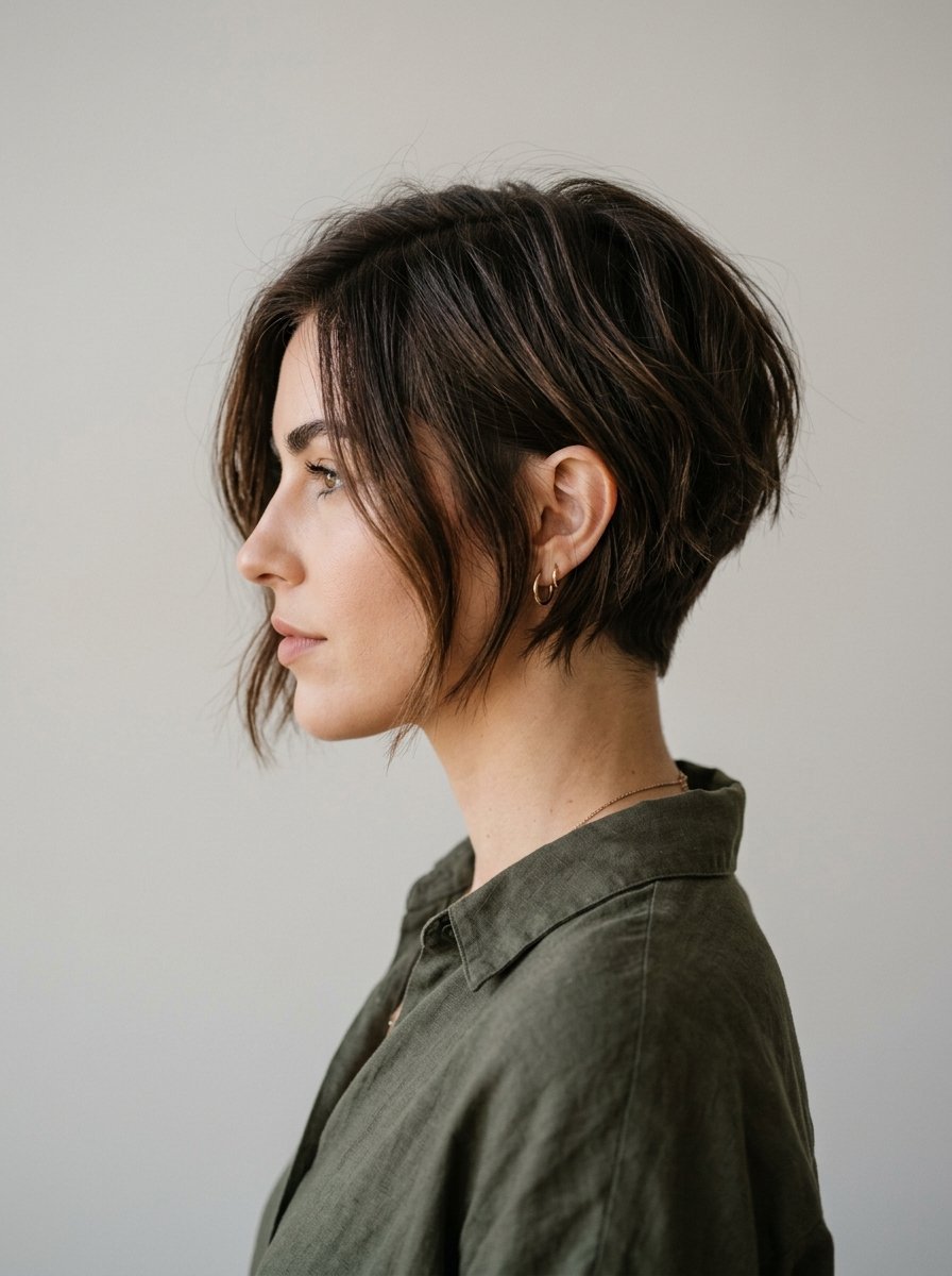 Side profile of a brunette woman with a short layered bob haircut wearing a green linen shirt.