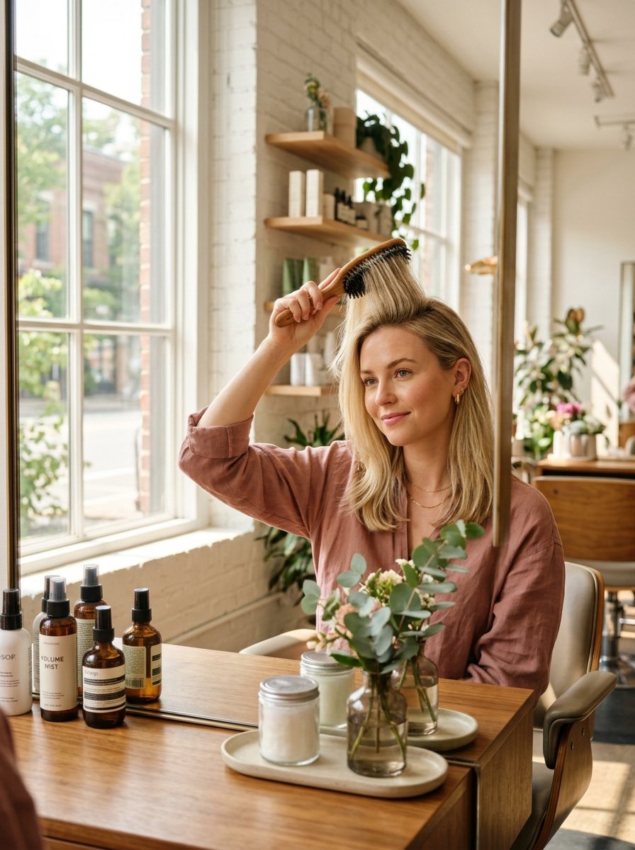 Blonde woman in a mauve shirt brushing her hair while sitting at a vanity with beauty products and greenery.