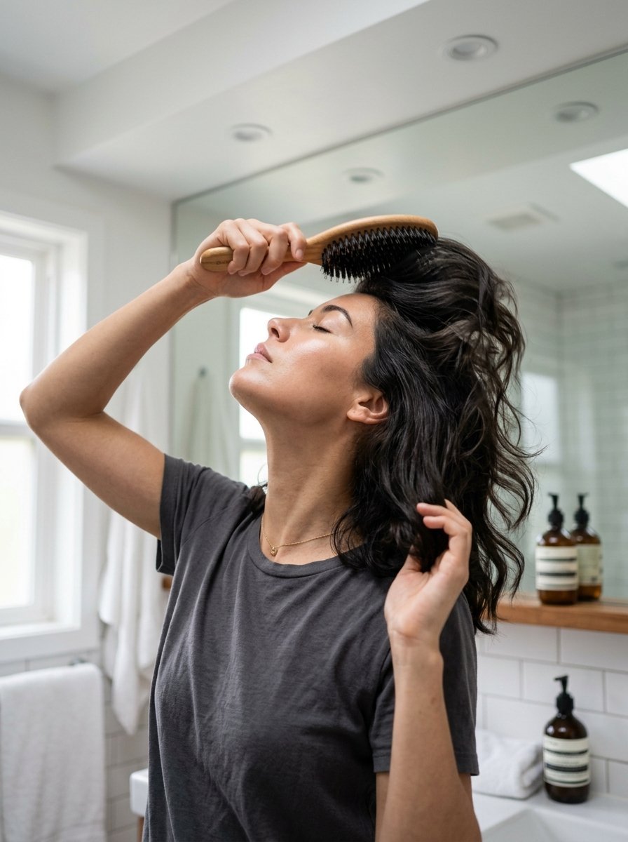 A woman in a grey t-shirt brushing through her long, wavy dark hair in a bright bathroom mirror.