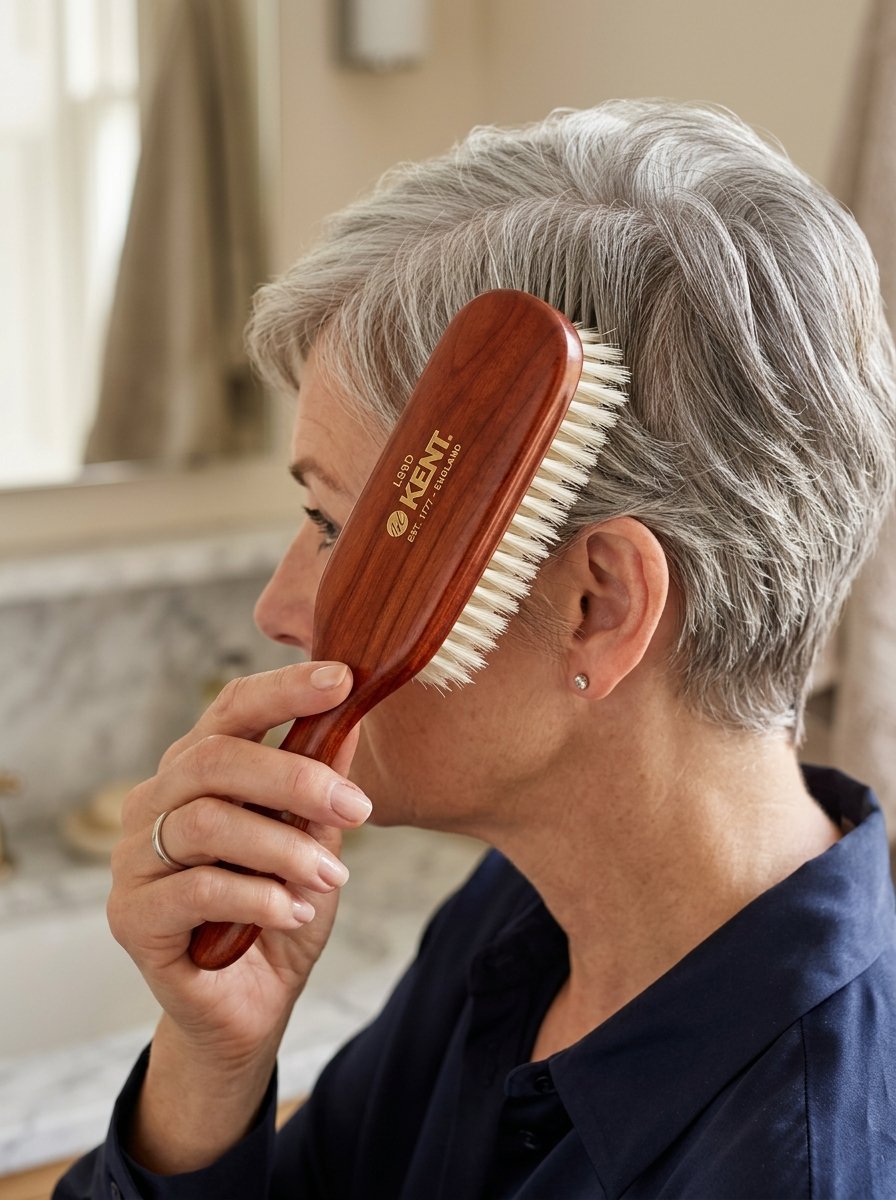 Profile view of a woman using a Kent natural bristle brush on her short grey hair in a bathroom.