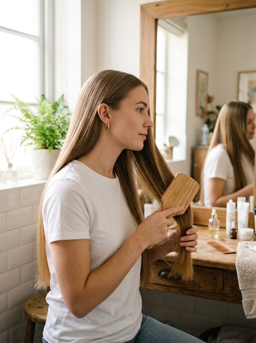 A woman in a white t-shirt using a wooden paddle brush to detangle her blonde hair in a bathroom vanity.