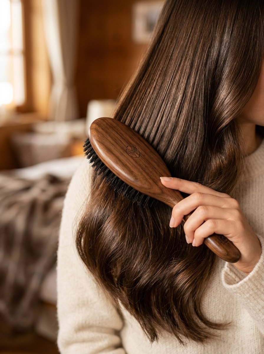 Close-up of a person in a beige sweater holding a walnut bristle hairbrush to style their smooth dark hair.