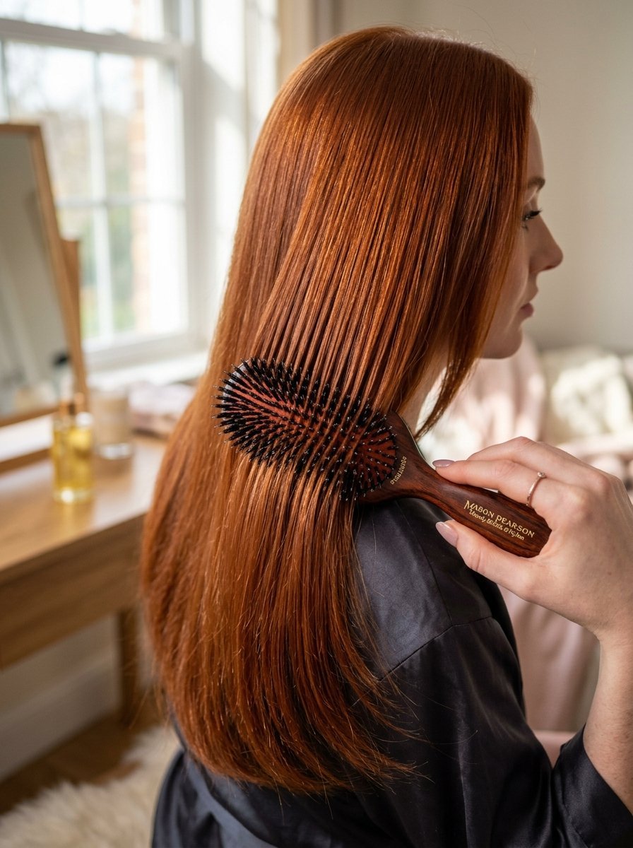 Close-up of a person with straight ginger hair using a wooden Mason Pearson brush at a vanity.