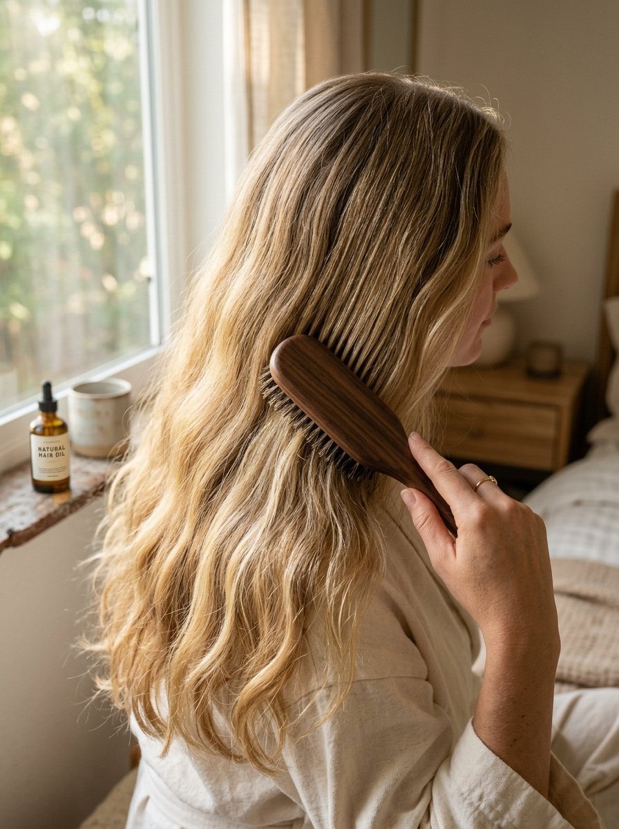 Blonde woman in a robe using a dark wooden hairbrush with a bottle of natural hair oil on the windowsill.