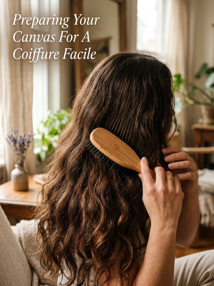 Close-up of a person with long wavy brown hair holding a wooden bristle brush in a home setting.