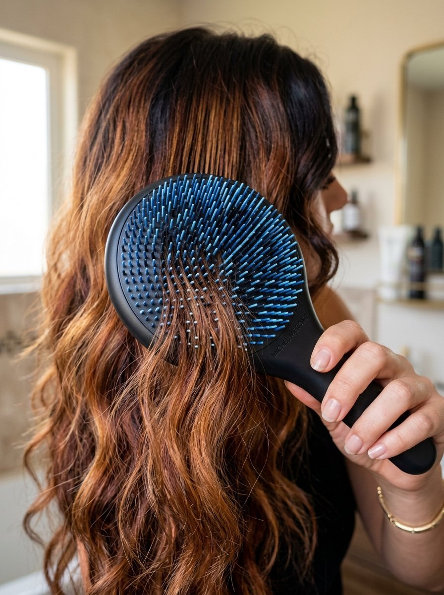 Close up of a hand holding a black and blue hairbrush while grooming long, wavy red-brown hair.