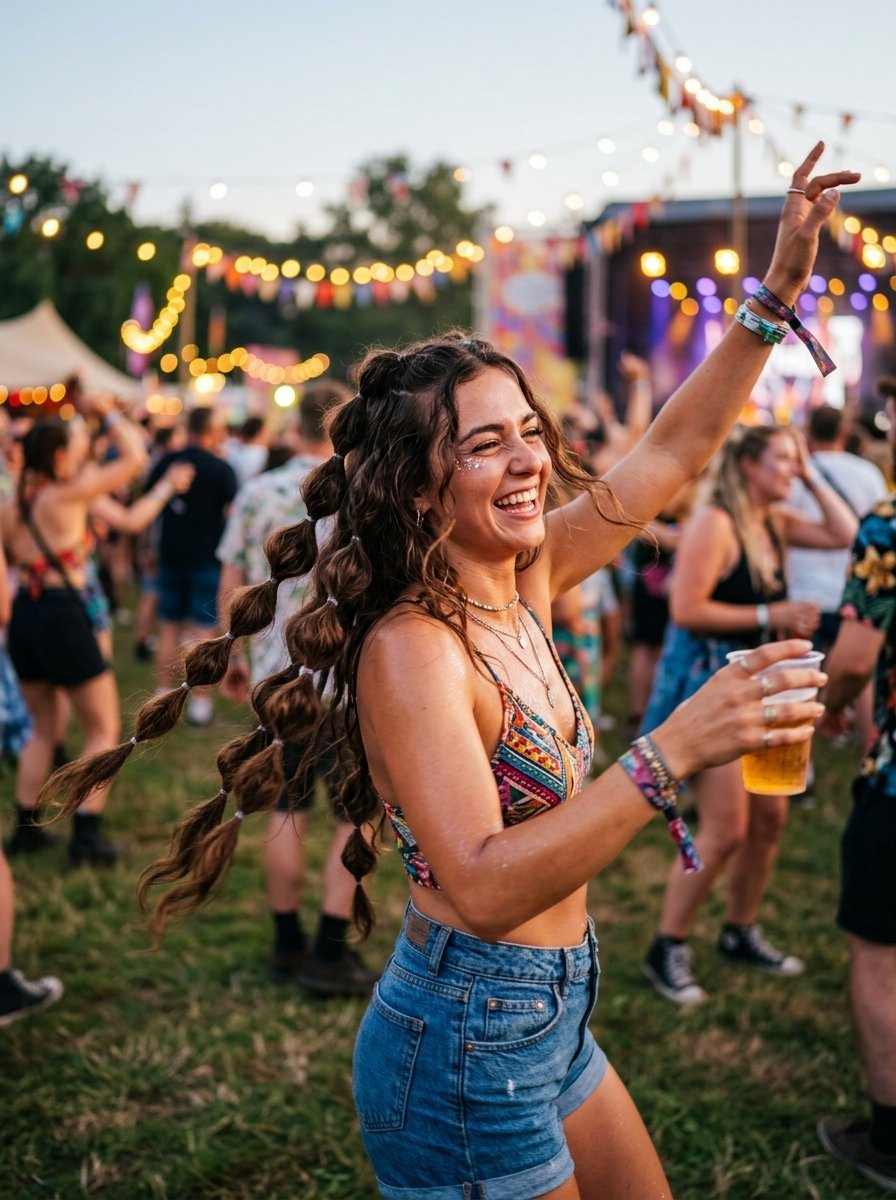 A happy festival-goer with a long bubble braid hairstyle dancing with a drink in her hand.