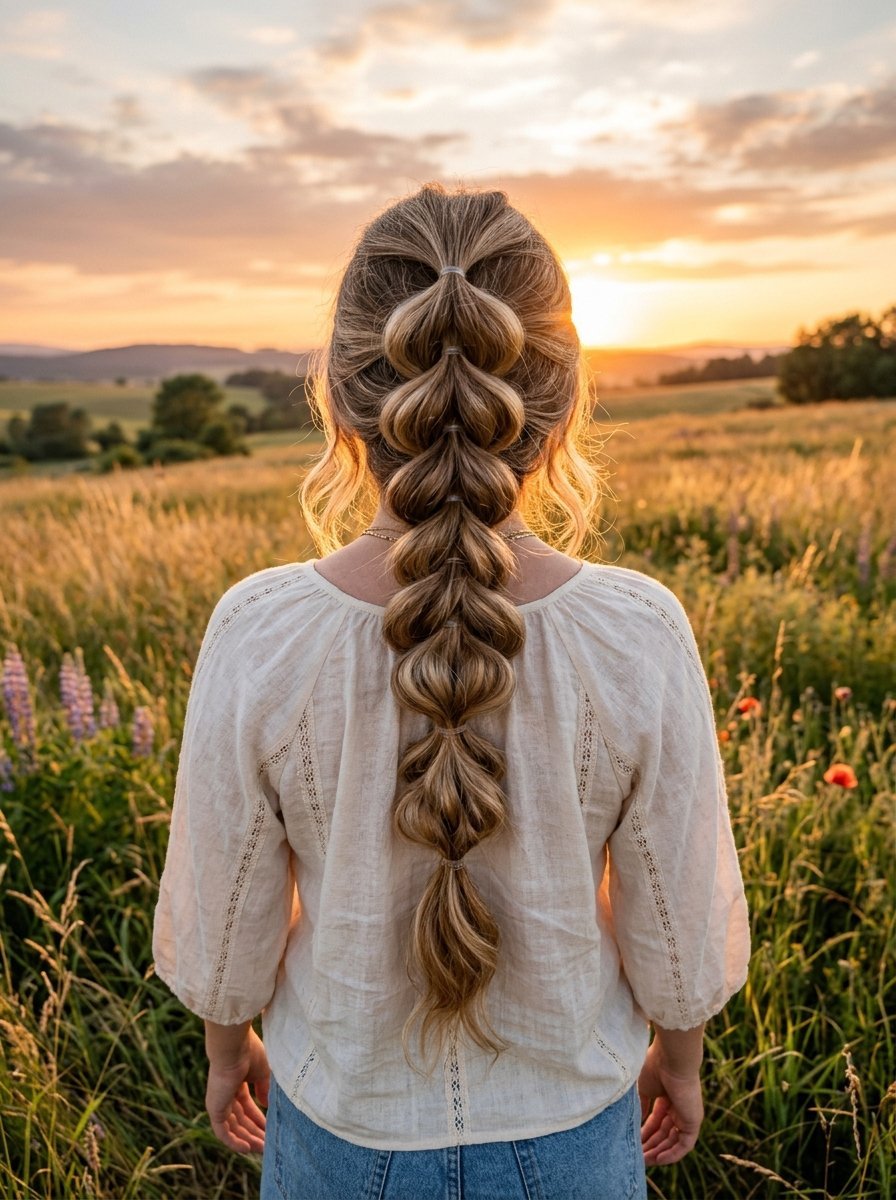 Back view of a woman with a long bubble ponytail standing in a grassy field during a golden hour sunset.