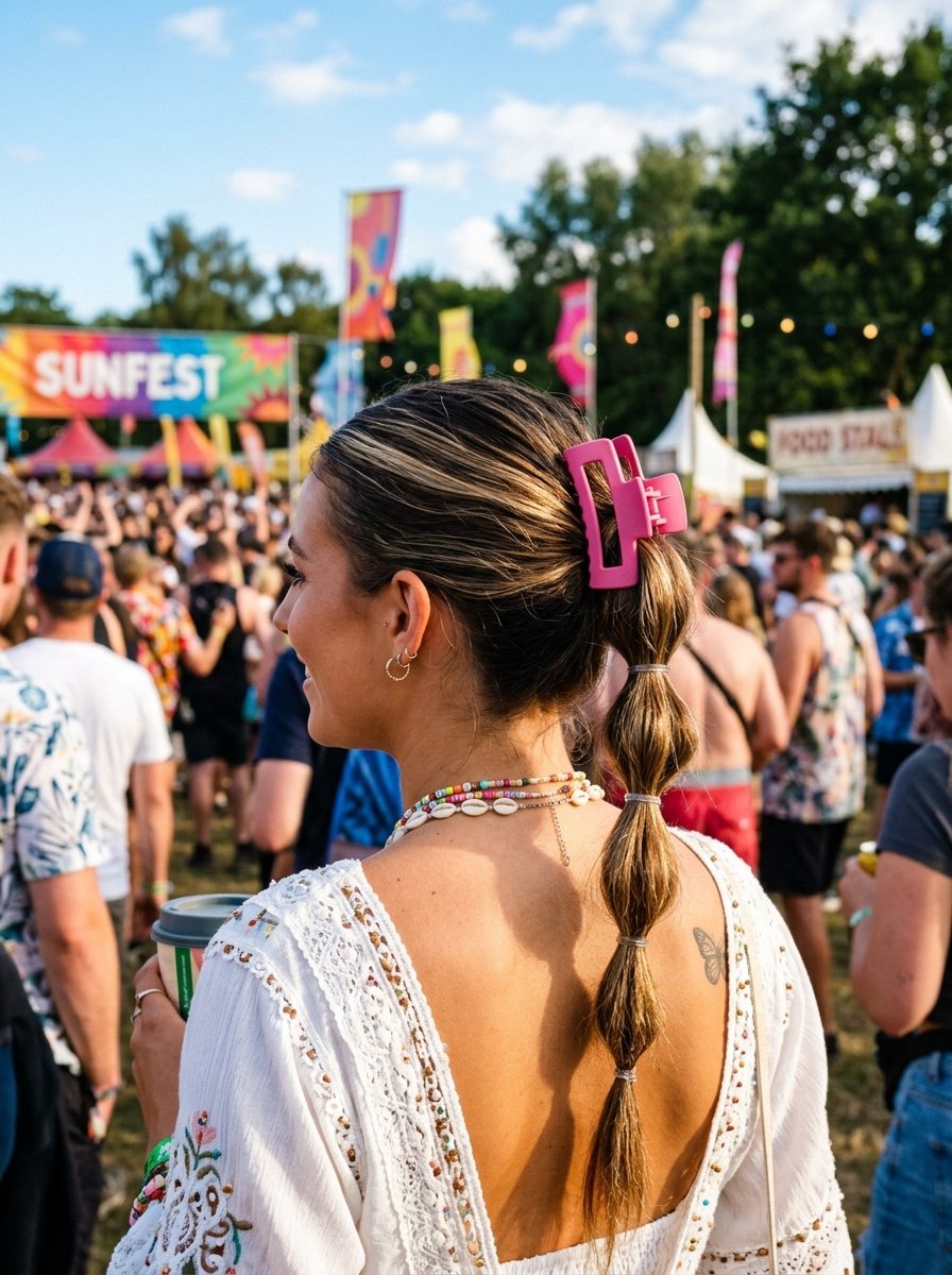 A woman wearing a pink hair clip and bubble braid standing in a crowd at an outdoor sunny music festival.