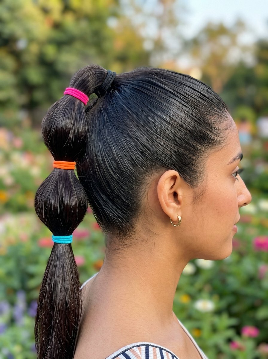 Close-up profile of a woman with dark hair styled into a segmented bubble ponytail with bright elastic bands.