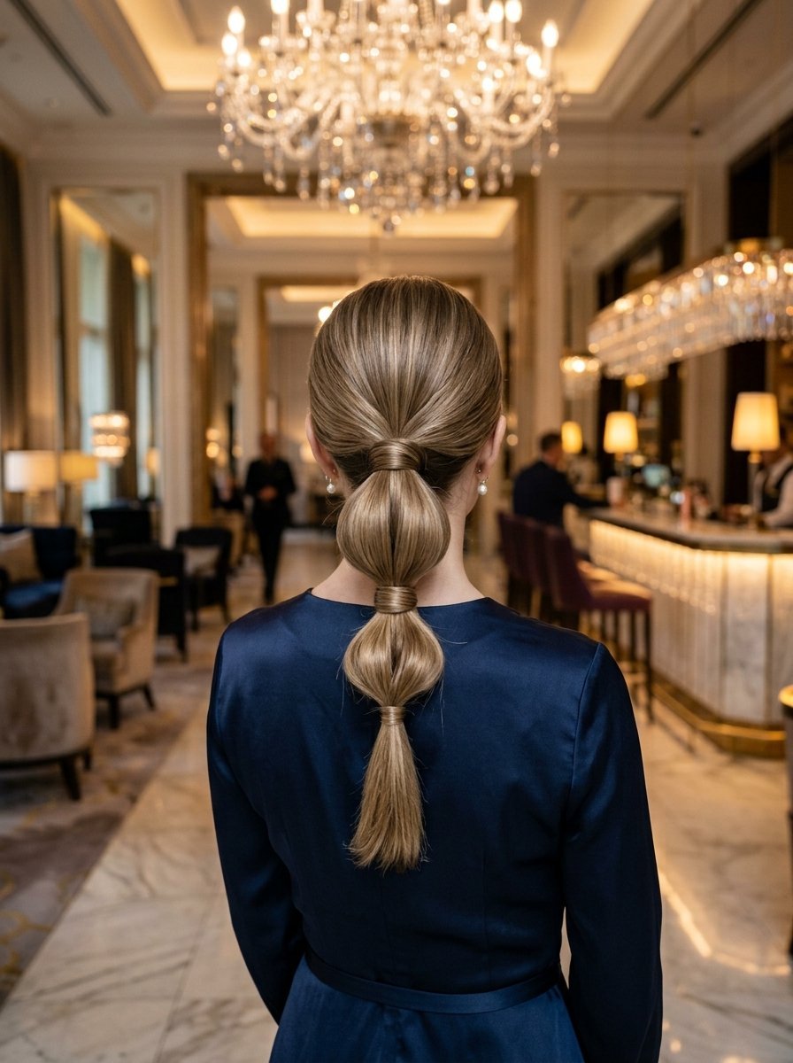 Rear view of a blonde woman wearing a dark blue dress with a segmented bubble ponytail hairstyle inside a hotel lounge.