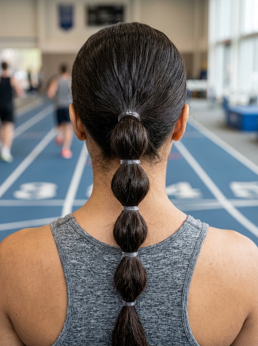 Back view of a runner with long brown hair secured with multiple clear elastic bands on an indoor track.