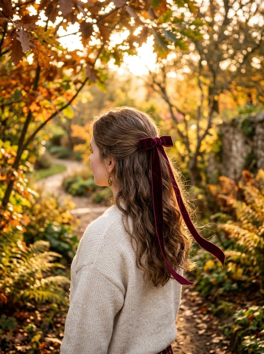 A woman wearing a deep red velvet bow in her hair while standing in an autumn garden.