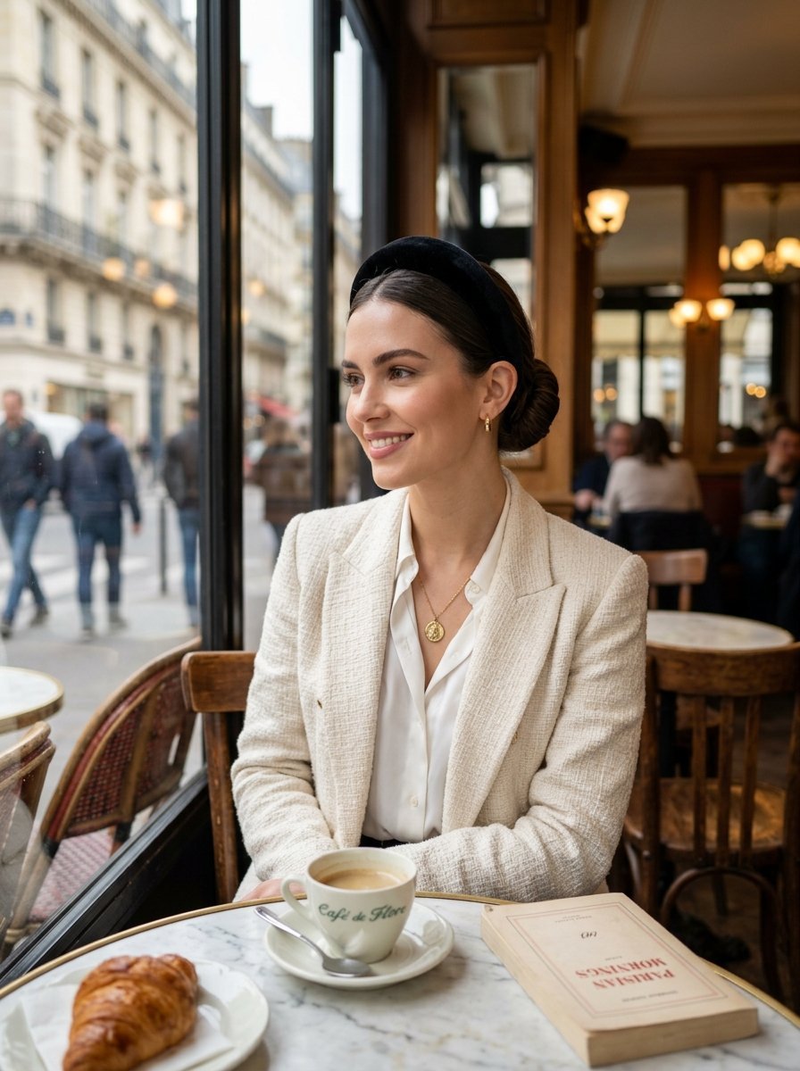 A woman in a tweed blazer sits at a Parisian cafe table with coffee and a croissant.