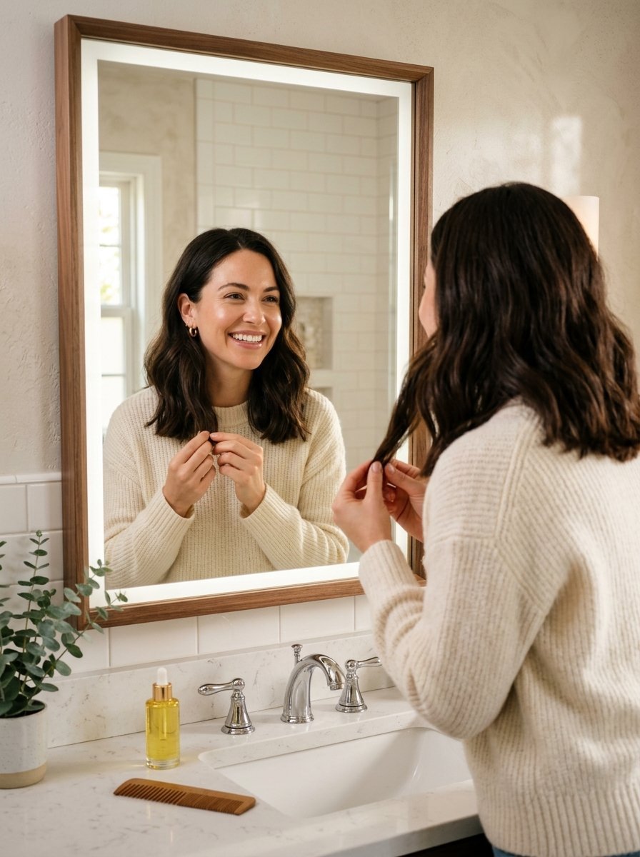 A brunette woman in a cream sweater touches her hair while smiling at her reflection in an illuminated vanity mirror.