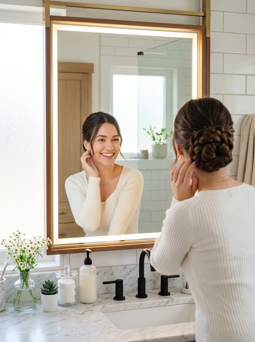 Back view of a woman with braided hair adjusting her earring while looking at her smiling reflection in a backlit mirror.