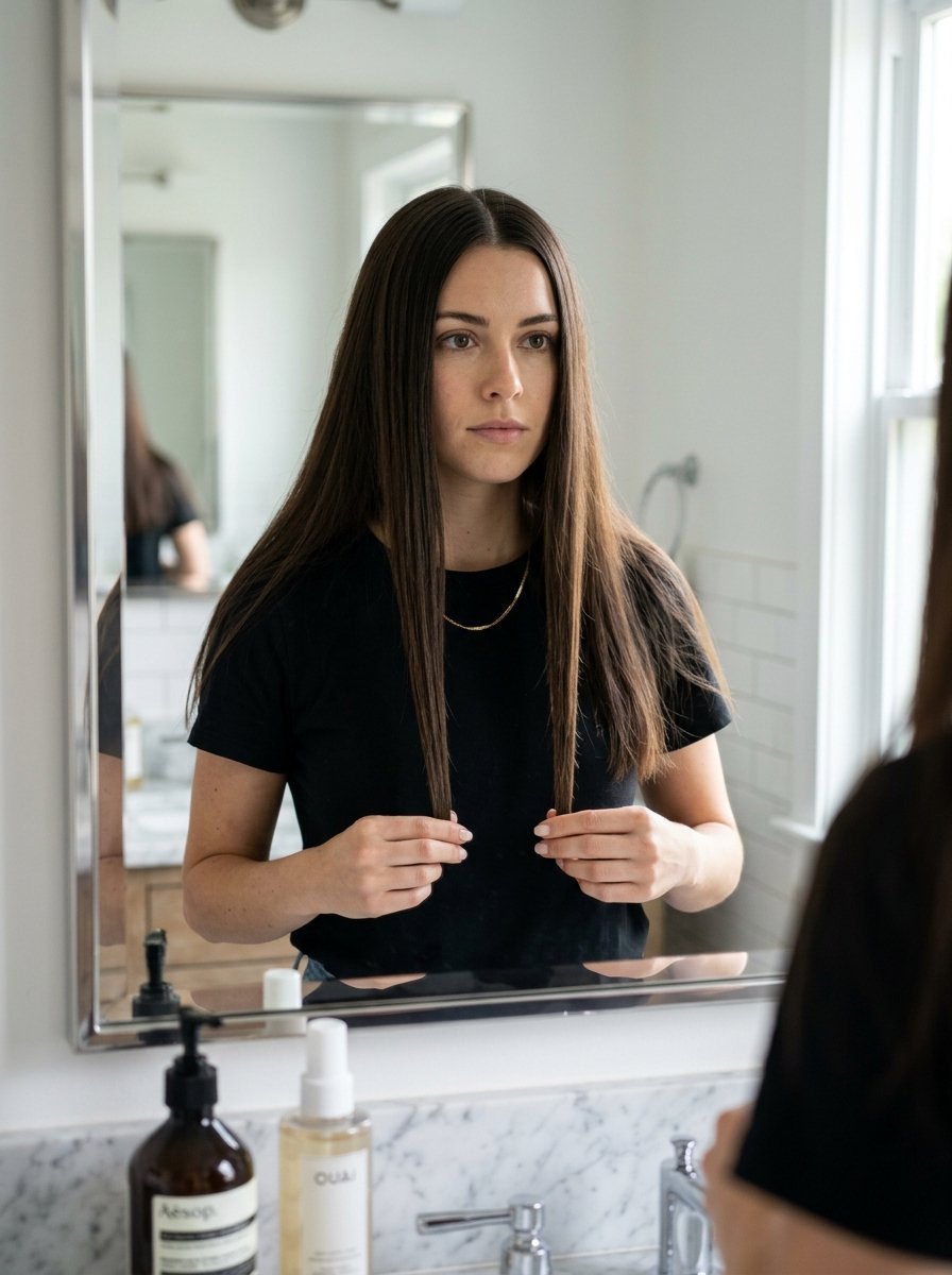 A brunette woman in a black t-shirt touches the ends of her straight hair while looking at her reflection.