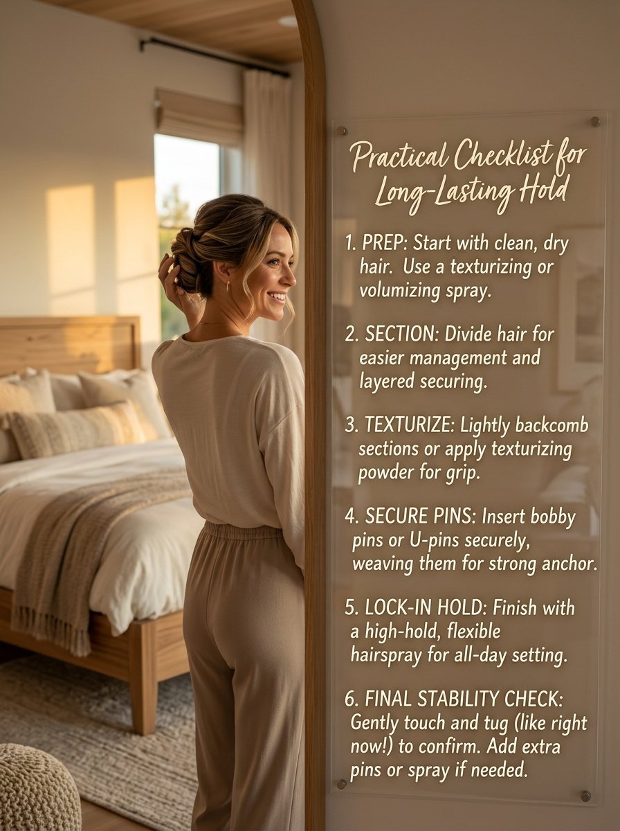 Woman in a bedroom looking at a six-step hair styling checklist written on a mirror.