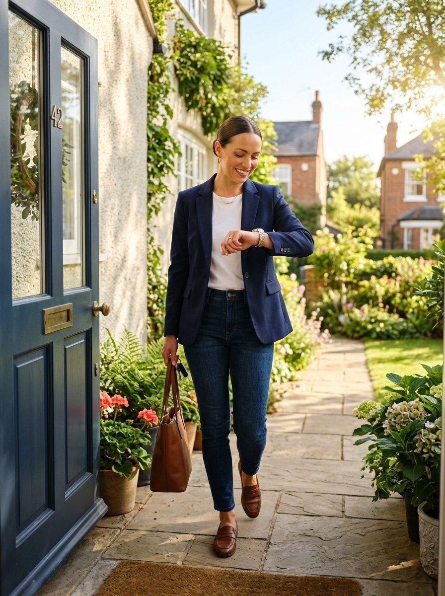 A professional woman in a navy blazer and jeans walks out a front door while glancing at her watch.