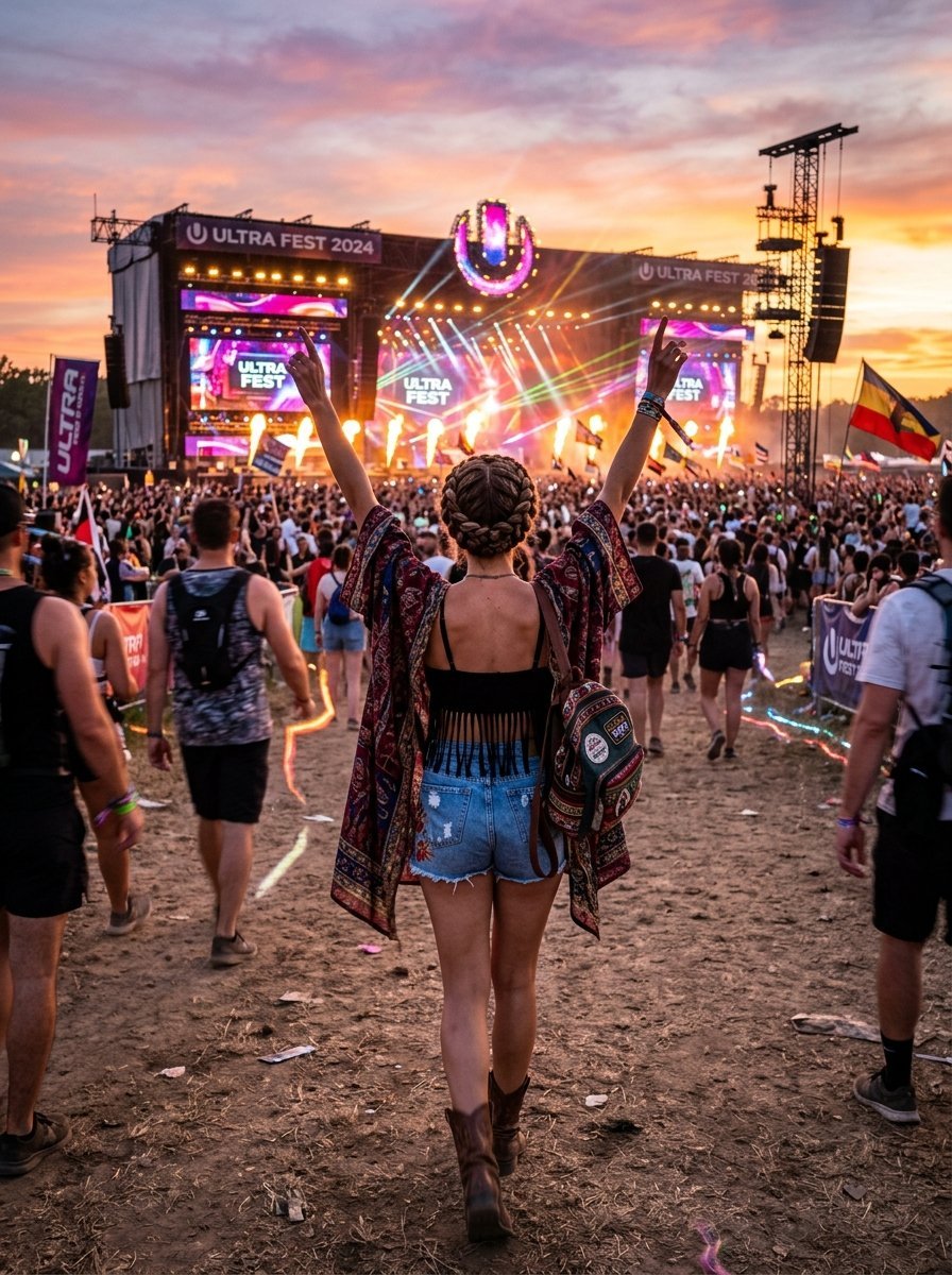 Back view of a woman with braided hair and a patterned kimono facing a sunset music festival stage.