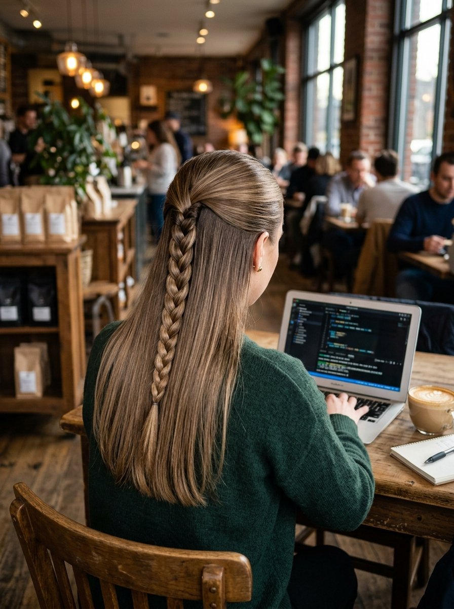 Back view of a woman with braided hair sitting in a busy cafe while working on a laptop with code on the screen.