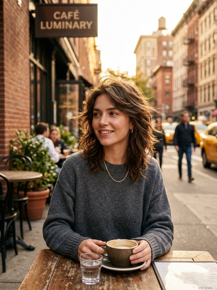 A smiling woman in a grey sweater sits at a sidewalk table holding a ceramic mug with a small glass of water.