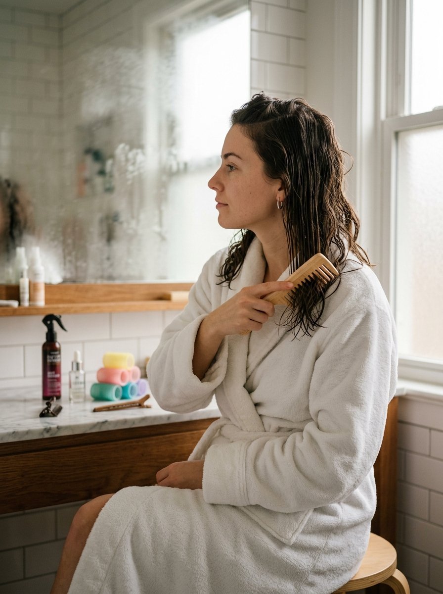 Side profile of a woman in a fluffy bathrobe grooming her wet hair with a wide-tooth comb in a bright bathroom.