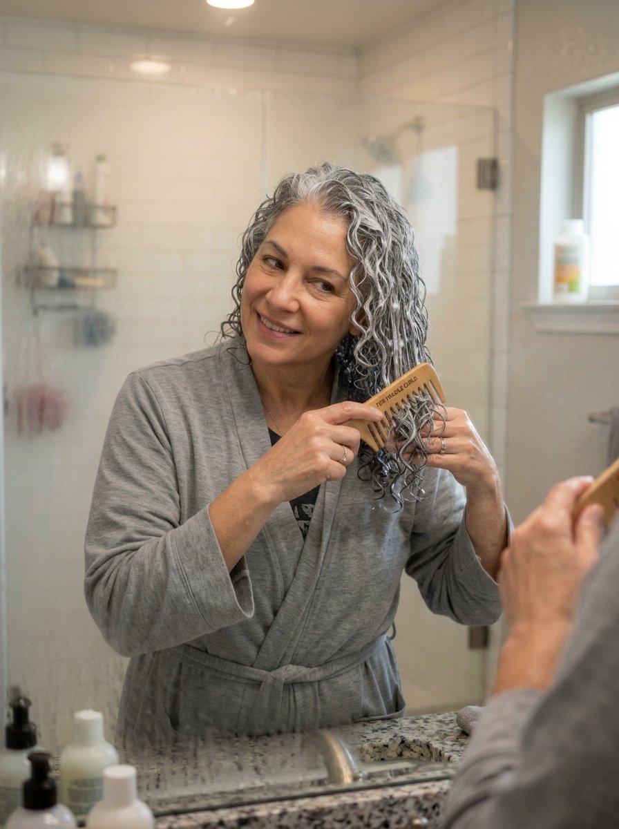 Smiling woman in a grey robe using a wooden wide-tooth comb on her wet, curly grey hair in front of a bathroom mirror.