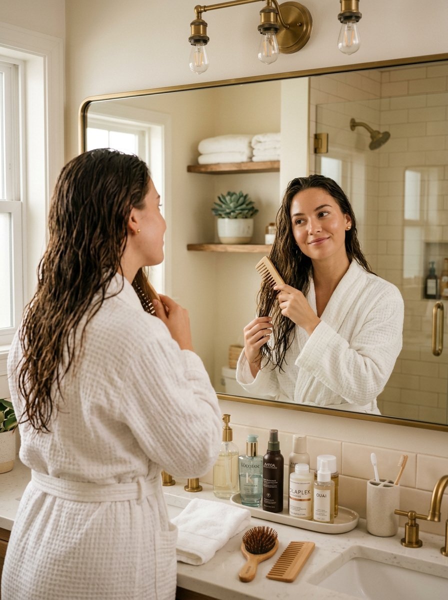 Woman in a bathrobe looking into a bathroom mirror while combing her damp hair.