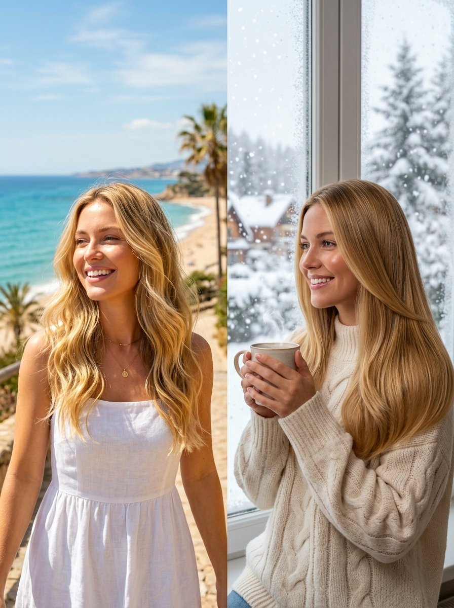 Split screen showing a woman in a white dress by the ocean and a winter scene holding a steaming mug.