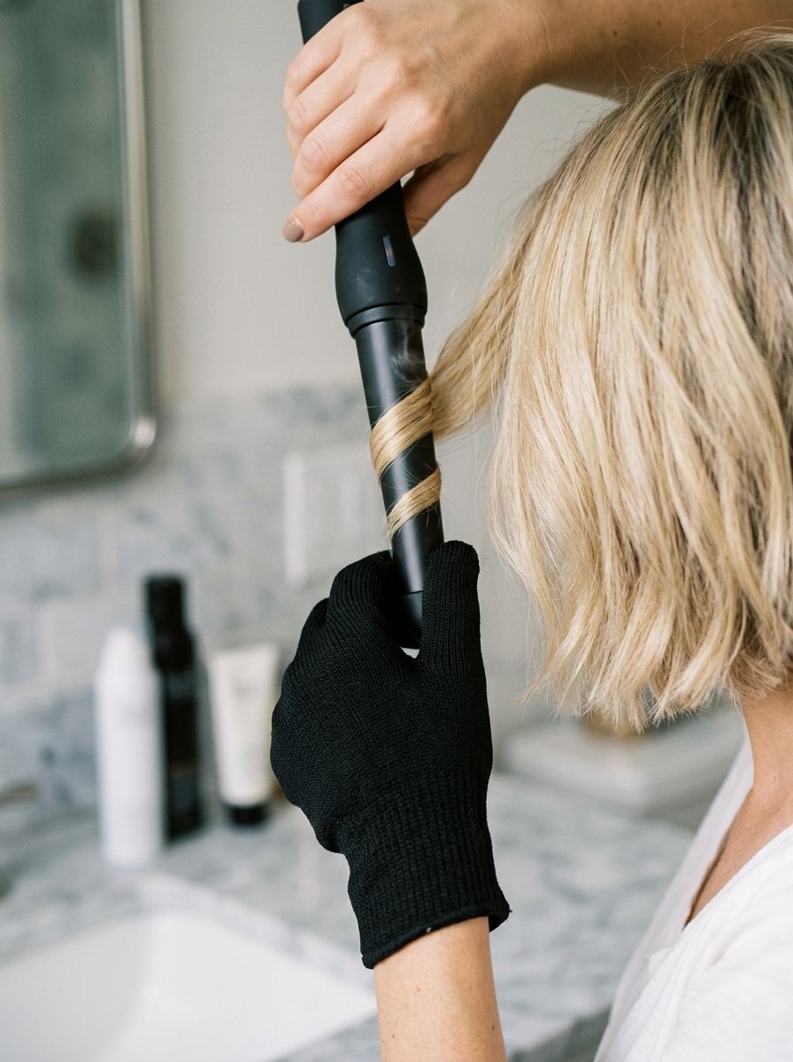 Close-up of a blonde woman wearing a black heat-resistant glove while curling her hair with a wand.