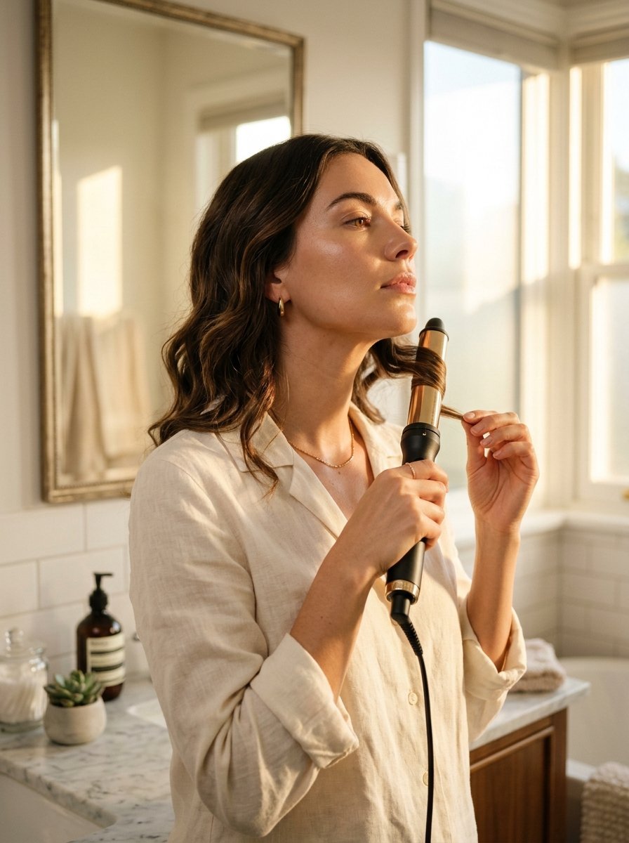A person in a linen shirt using a golden curling wand to style dark wavy hair in a sunlit bathroom.