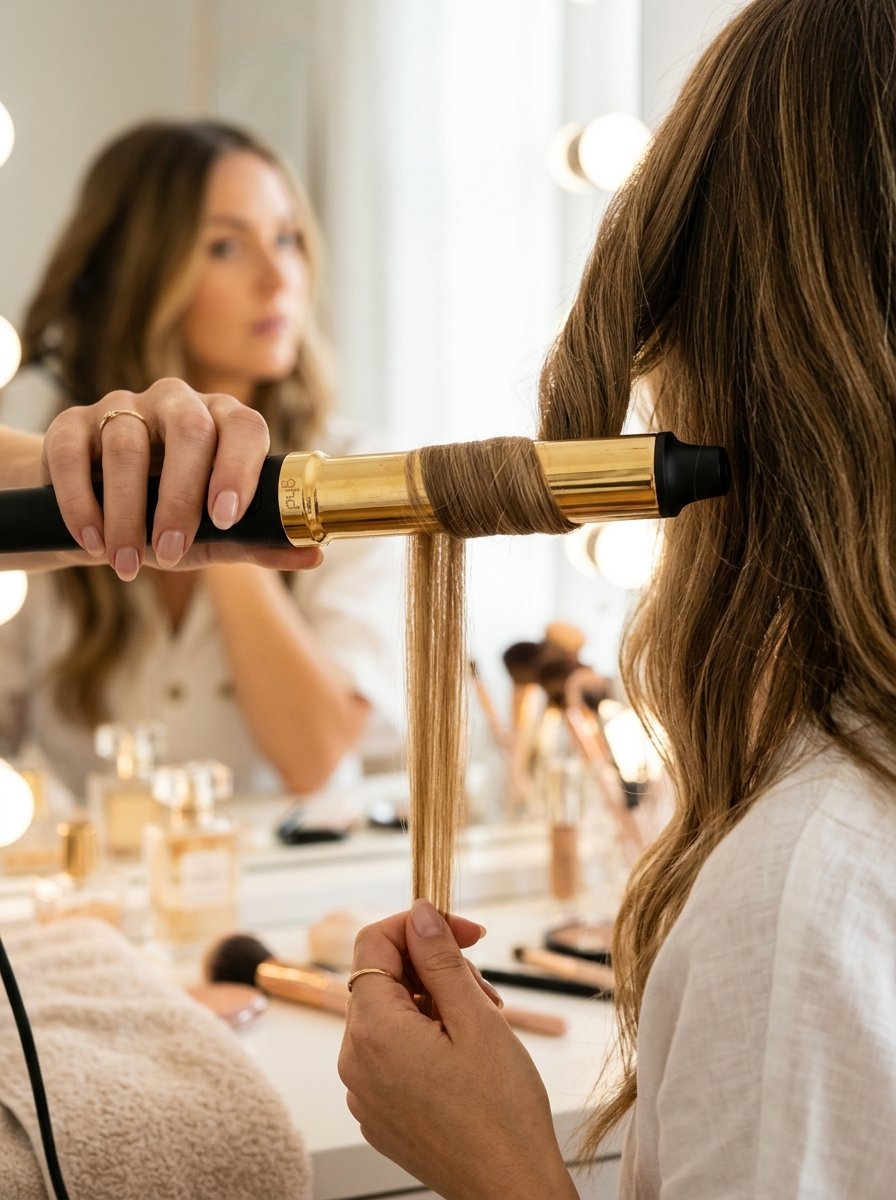 Close up of a person holding a golden hair iron to curl a strand of hair in front of a makeup mirror.