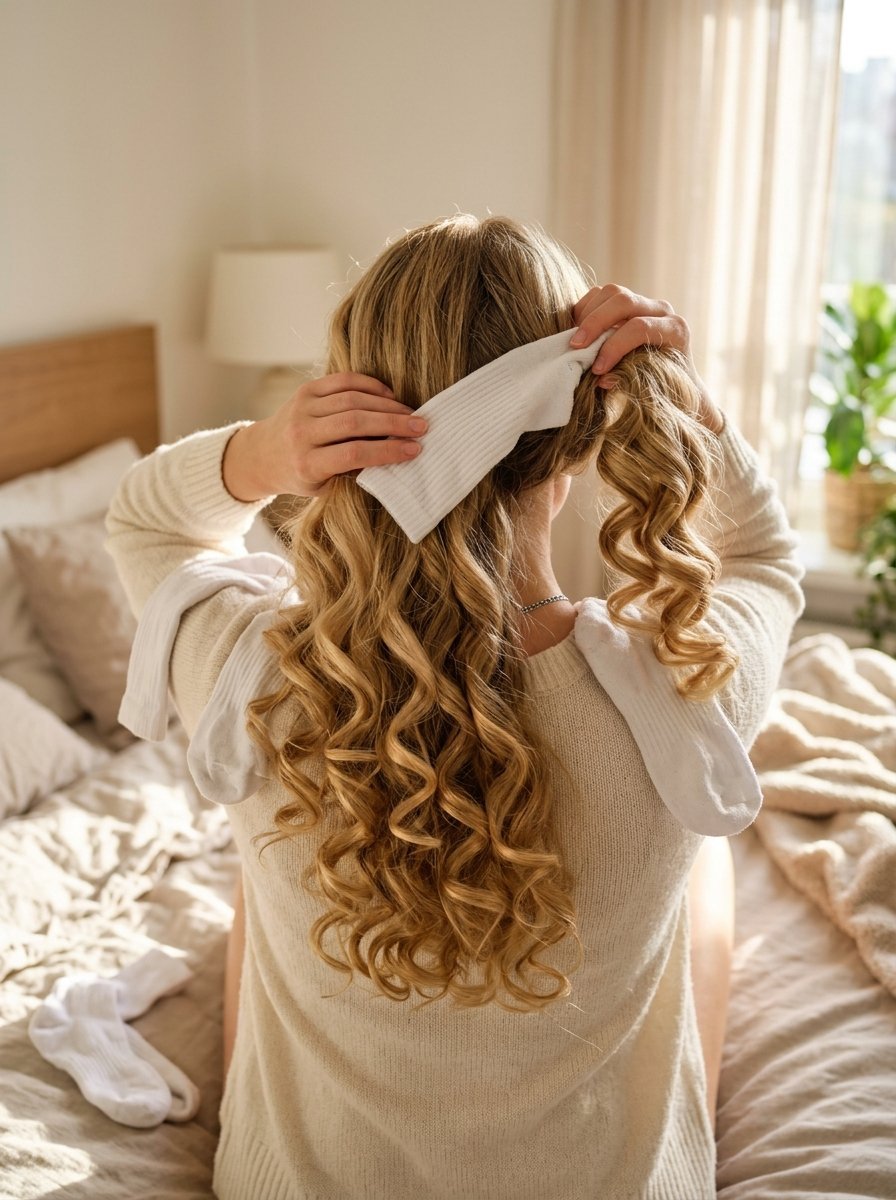 Back view of a blonde woman wearing a beige sweater creating heatless curls with white socks.