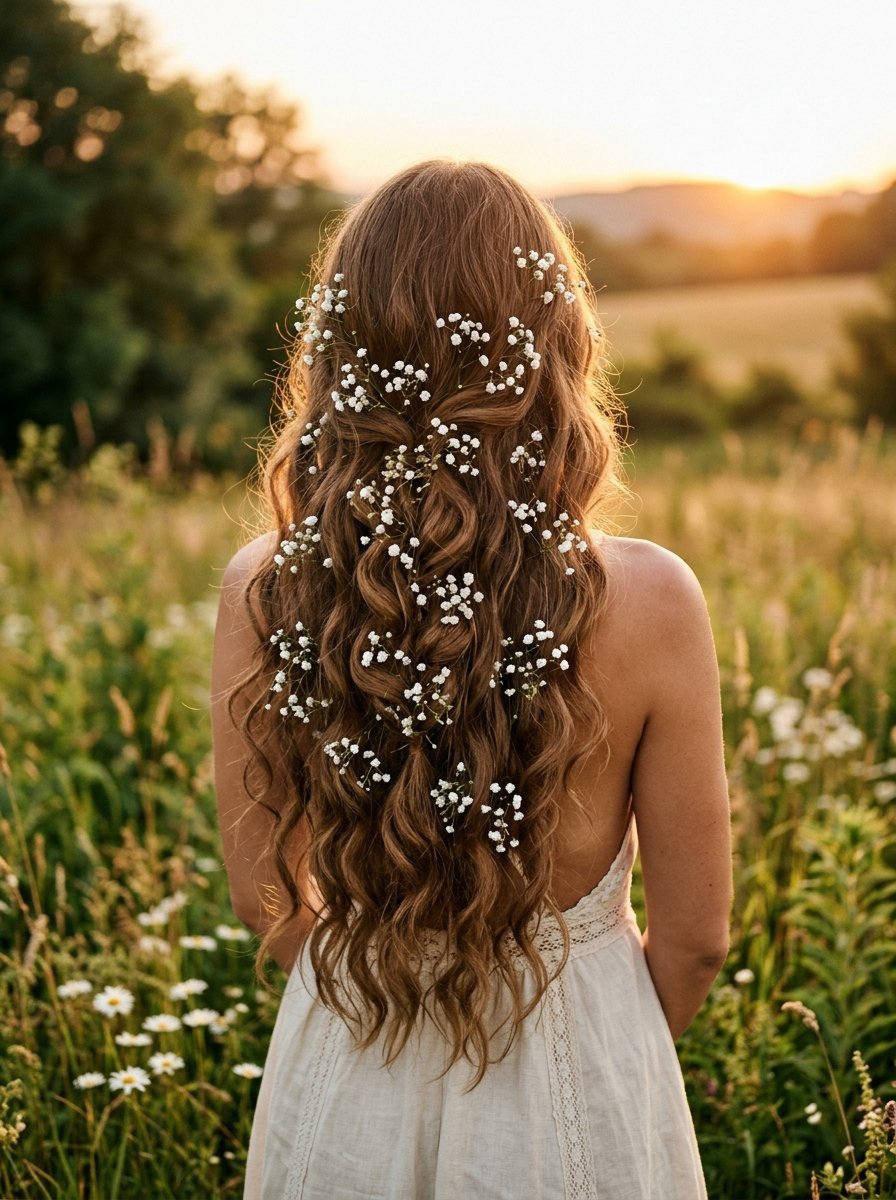 Back view of a woman with long wavy hair decorated with tiny white baby's breath flowers in a summer field.