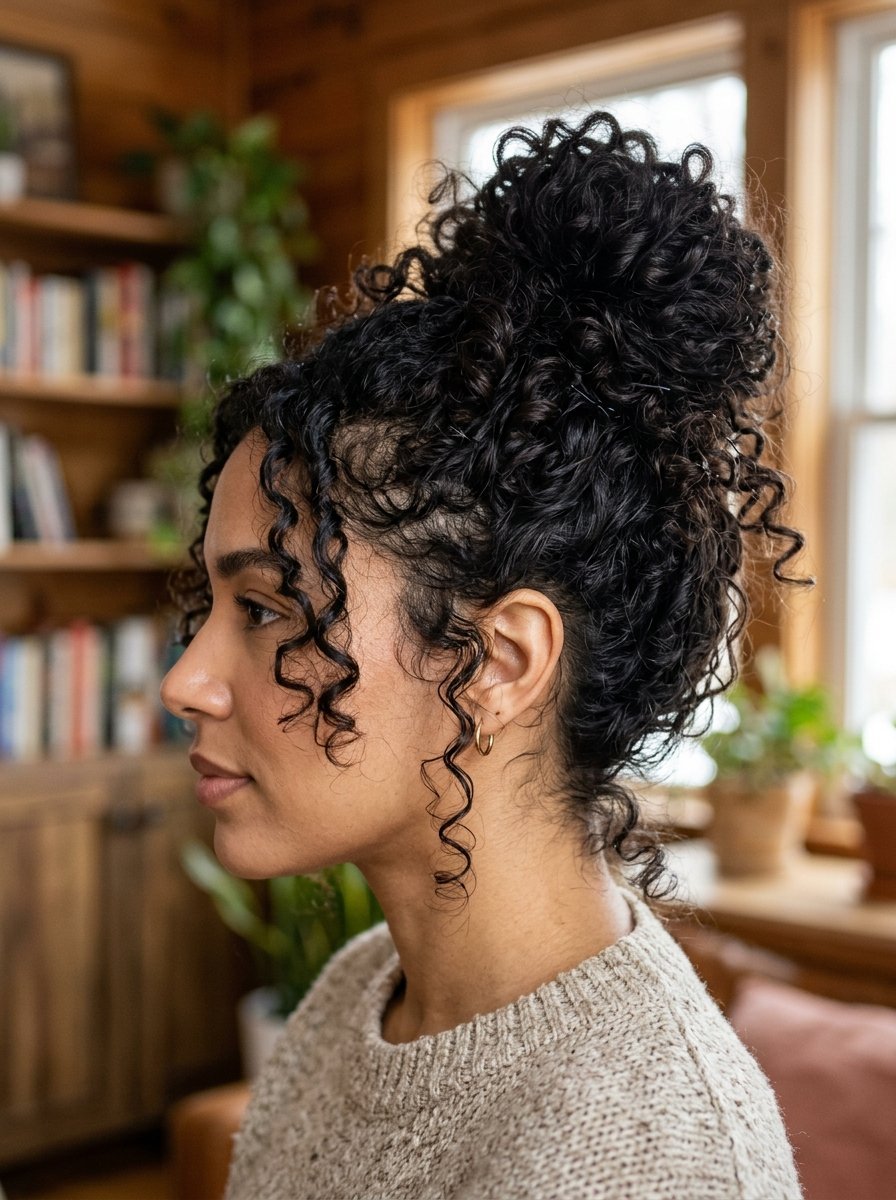Side profile of a woman with dark curly hair styled in a high bun with loose face-framing ringlets.