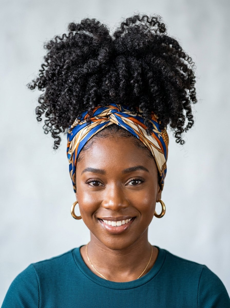 Portrait of a Black woman with a high curly ponytail styled with a blue, orange, and white silk scarf.